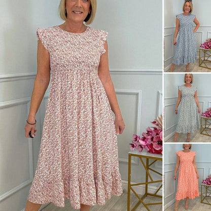 🌸Big Sale 50%OFF🌸Women's Elegant Floral Print High-Waisted Ruffle Cap Sleeve Dress💃