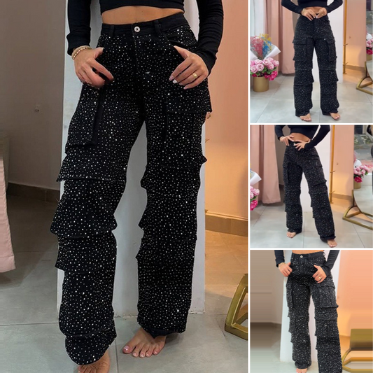 🔥2026 Fashion Recommends✨Women's Rhinestone Wide-Leg Pants with Pockets