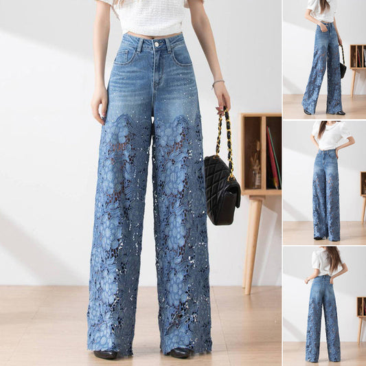 🔥 Summer Sale 50% Off🔥 Women's High-Waisted Blue Denim Wide-Leg Pants (Hollow-out Lace Panels)