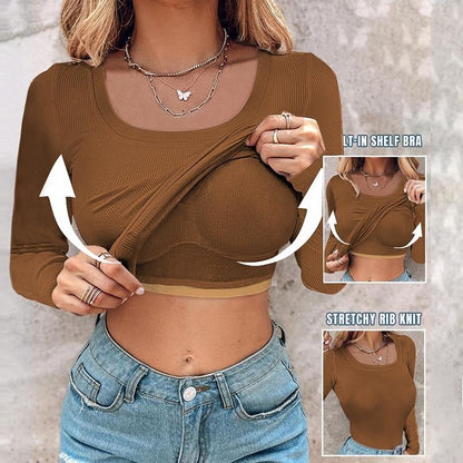 ⏰Last Day 50% OFF🍂Womens U-Neck Built-in Bra Long Sleeve Ribbed Top Shirts Elegant Skinny Fit Fabric